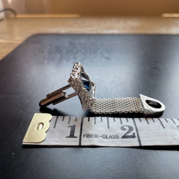 Silver Mess Cufflink Square Shape with Round Blue Stone - Vintage 1970's - Picture 6 of 12